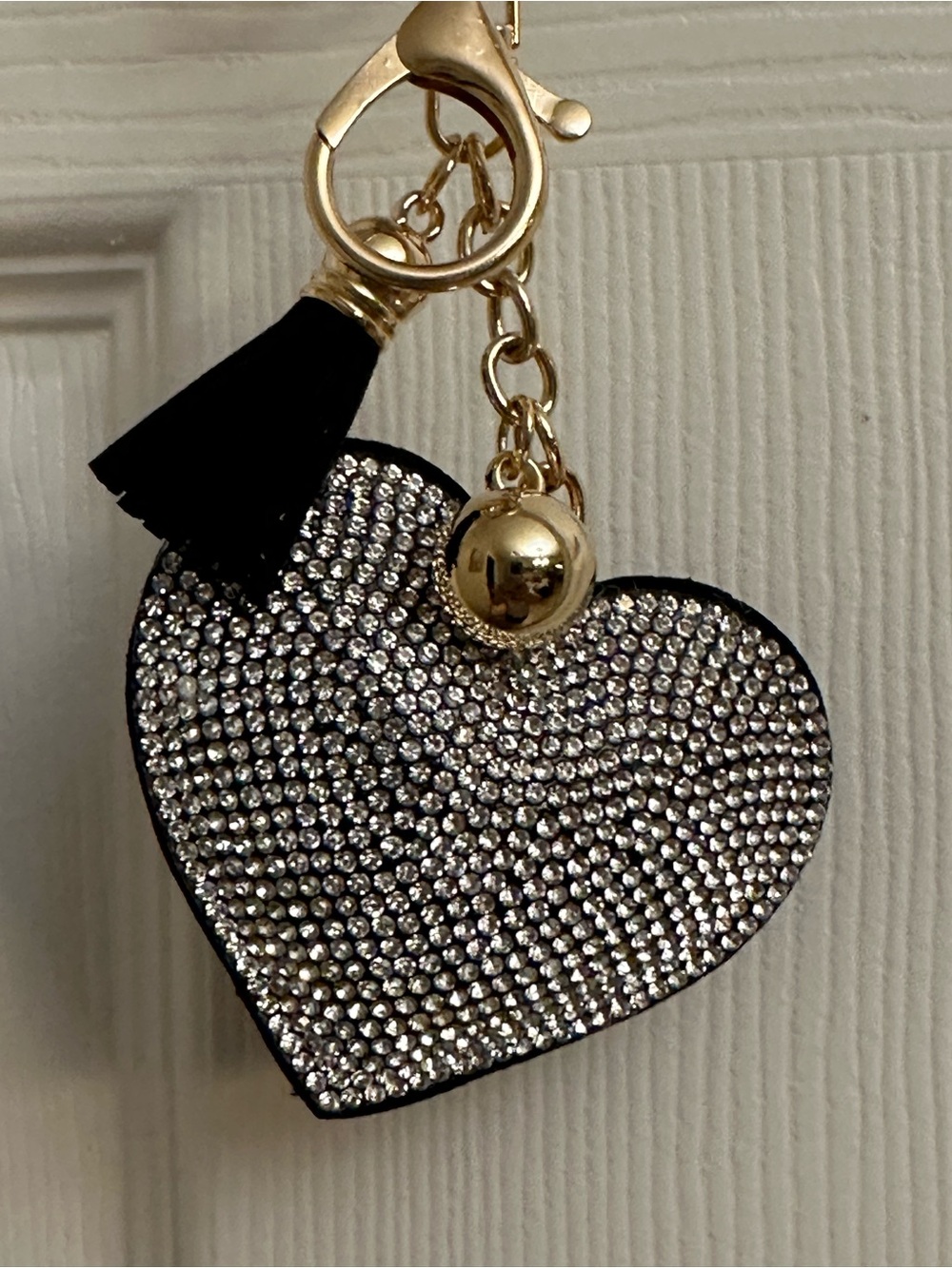 Crystal Heart Bag Charm in Black with Gold Hardware